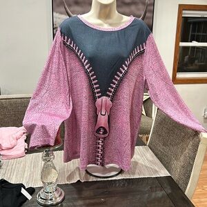 SHEIN curve brand, size 2XL pink and black zip pattern long sleeve shirt